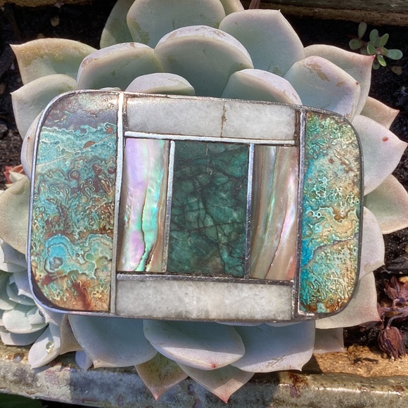 Vintage Silver Turquoise Mother Of Pearl Quartz Stones Inlay Belt Buckle - Picture 11 of 14
